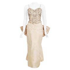 Archival 1950s Custom Couture Beaded Jeweled Ivory Silk Hourglass Back-Bow Gown