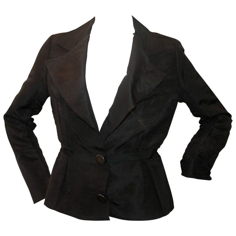 Lanvin Black Silk Taffeta Jacket w/ Cinched Waist and Ribbon S at 1stDibs
