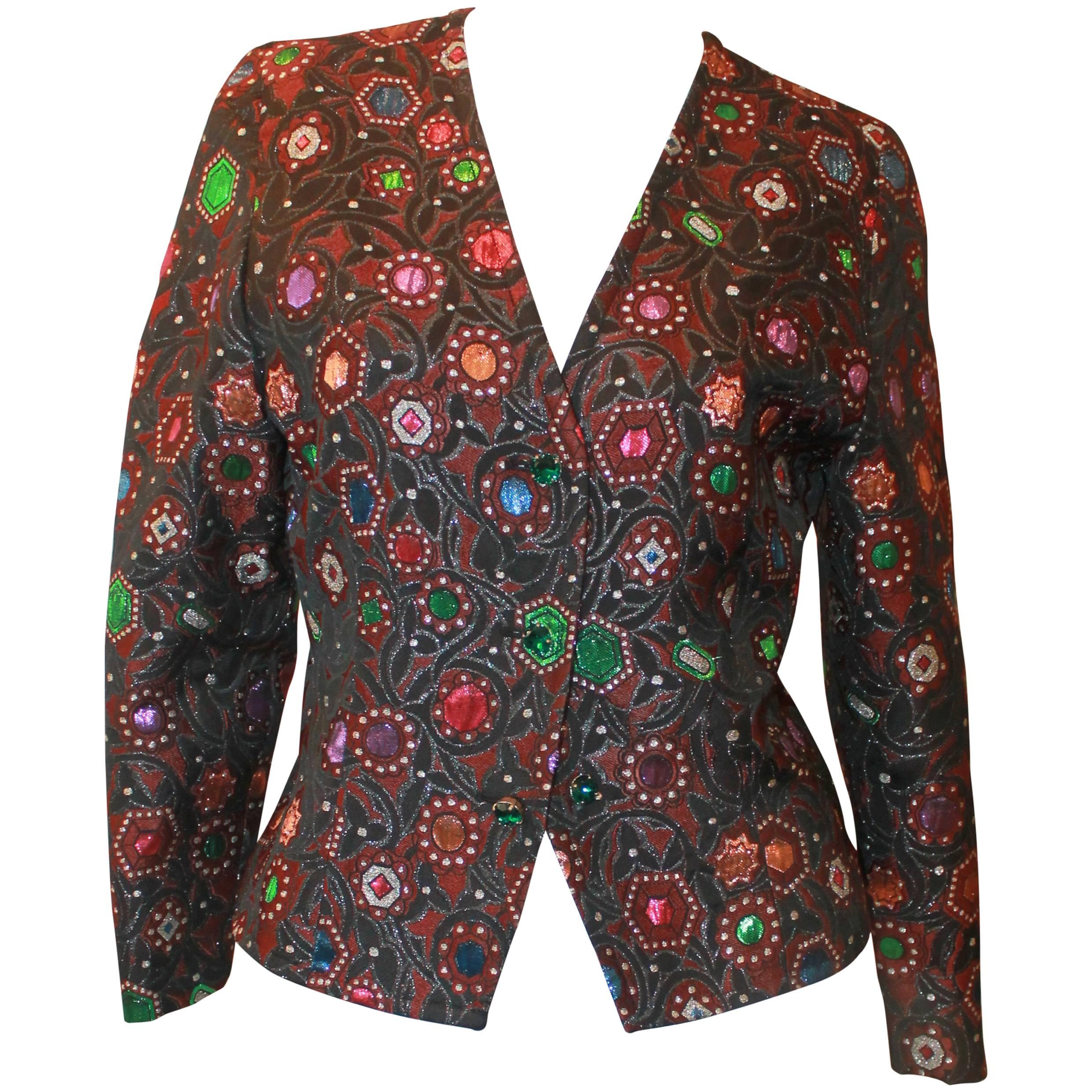Guy Laroche Brown and Multi Brocade Jacket - Size 4- Circa 80/90's For Sale