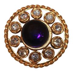 Chanel 1986 Vintage Goldtone Brooch with Blue Gripoix & Rhinestones