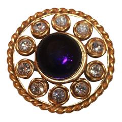 Chanel 1986 Vintage Goldtone Brooch with Blue Gripoix & Rhinestones 