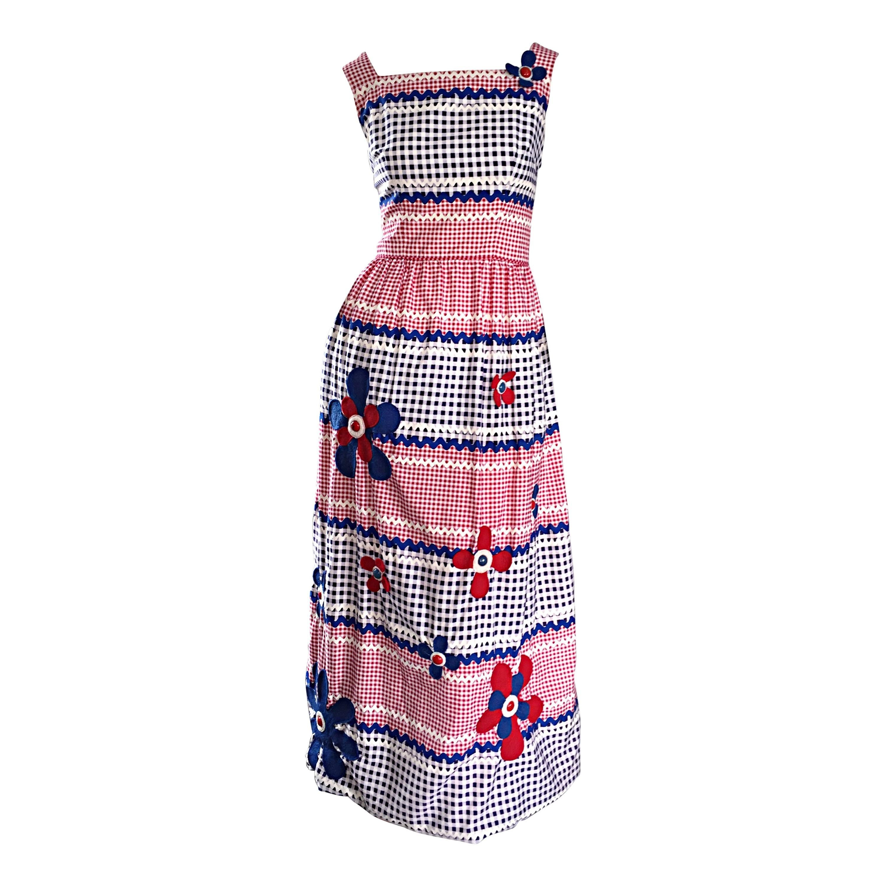 Importante Malcolm Starr Gino Charles Vintage 60s Gingham Flower Maxi Dress degli anni '60 in vendita