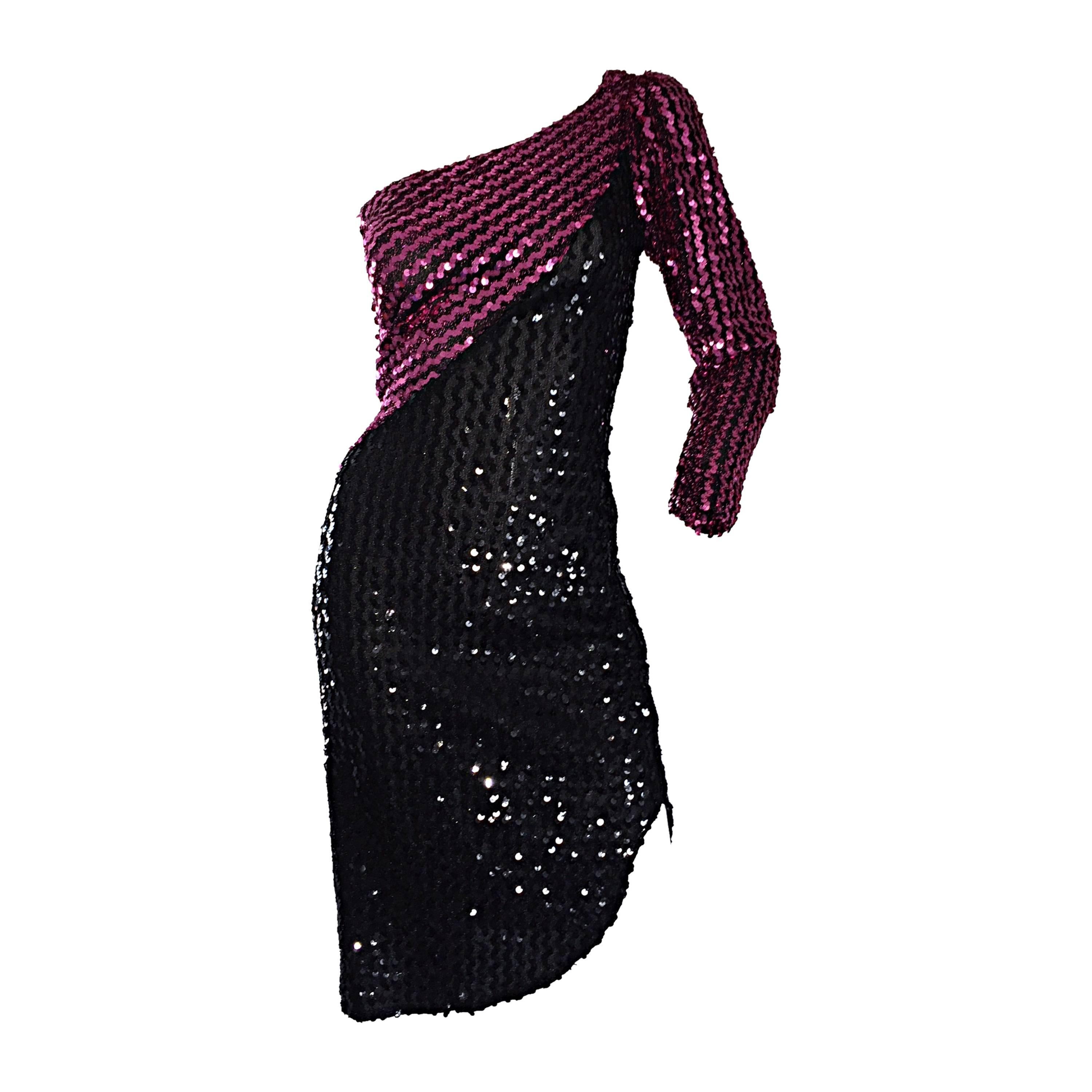 1970s Samir Vintage Disco 70s Black Pink Sequin One Shoulder Color Block Dress