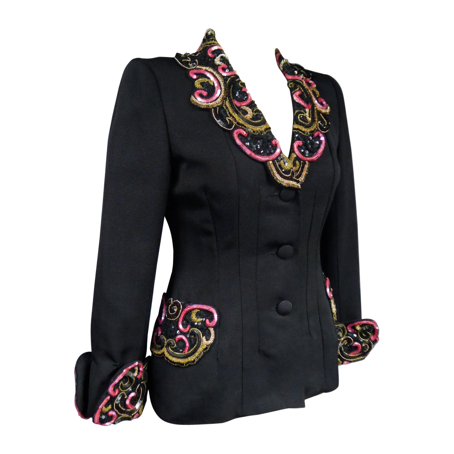 A French Couture Bar Jacket Beads & Sequins Embroidered Sequins Circa 1950