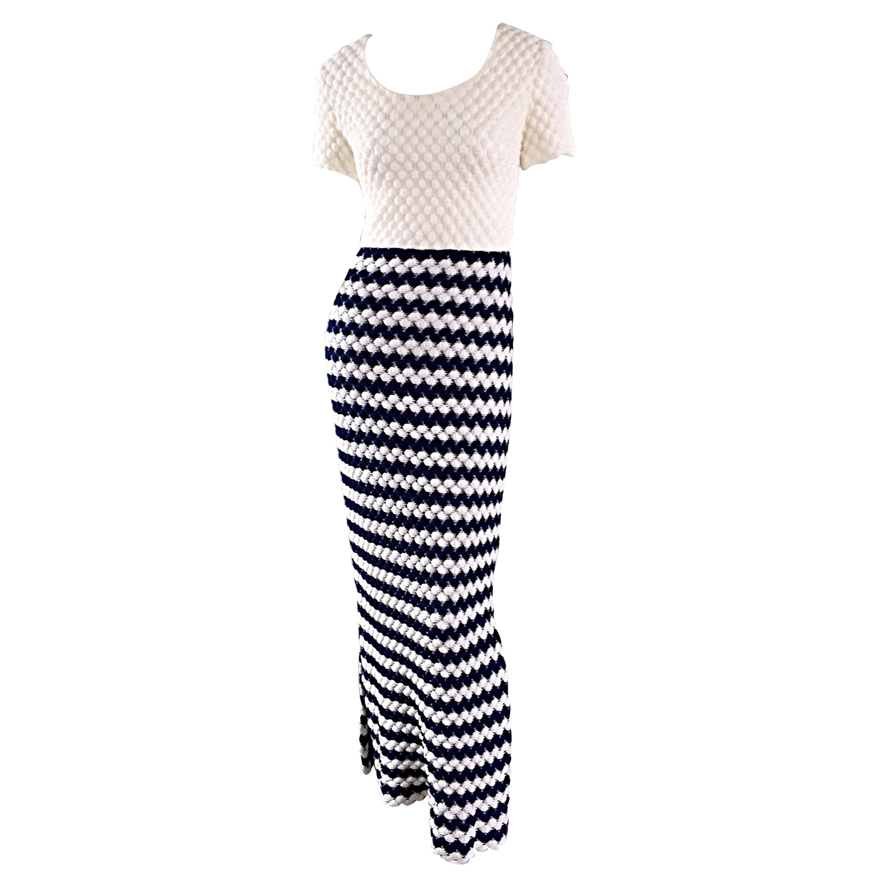 Vintage I. Magnin Navy Blue + White Crochet Nautical Striped Maxi Designer Dress
