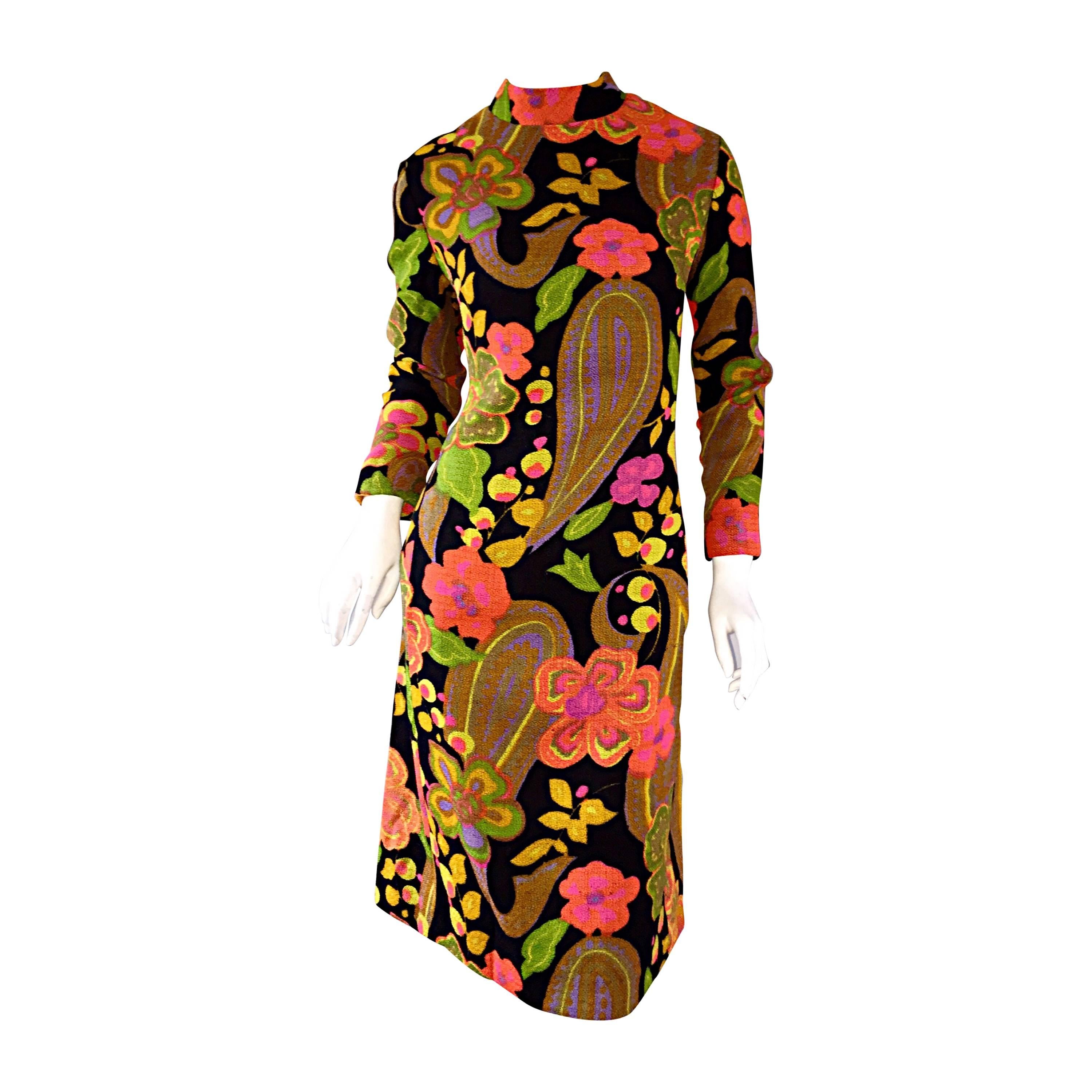 1960s 60s Psicodélico Flores + Paisley Colorido Impresión Mod Retro A - Line Dress en venta