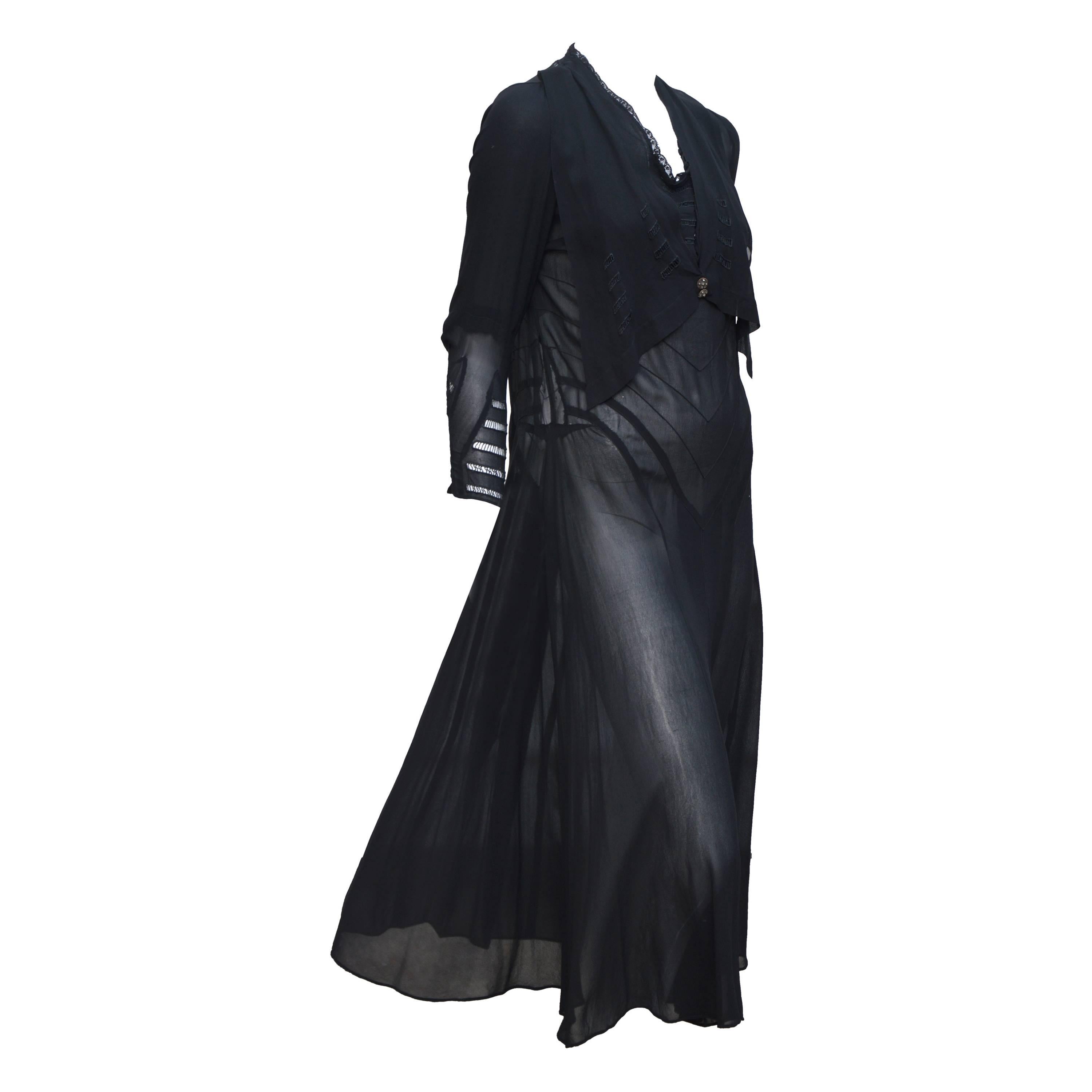 1930s Black Crepe Chiffon and Lace Diner Dress For Sale