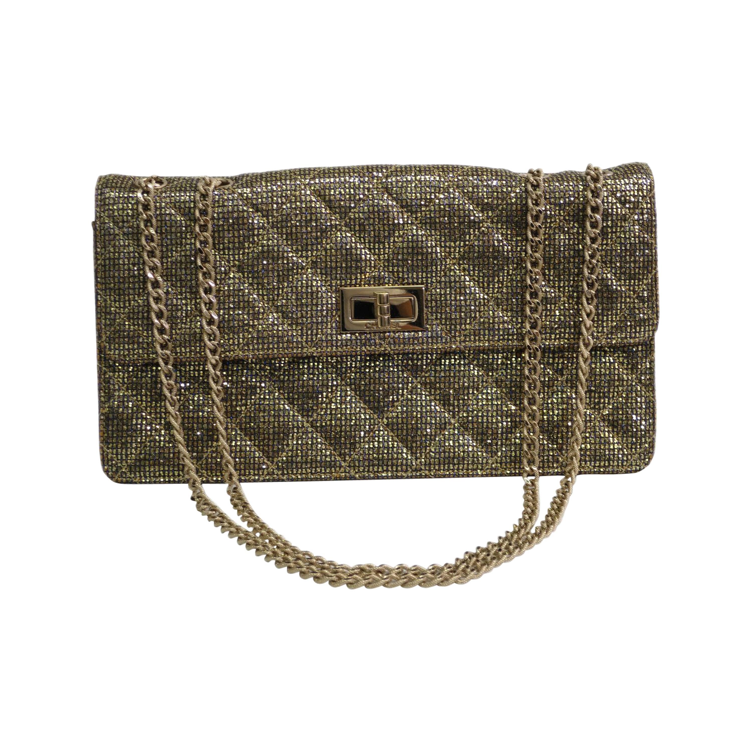 Chanel 2.55 Gold Lame Canvas Flap Gold Chain Shoulder Bag