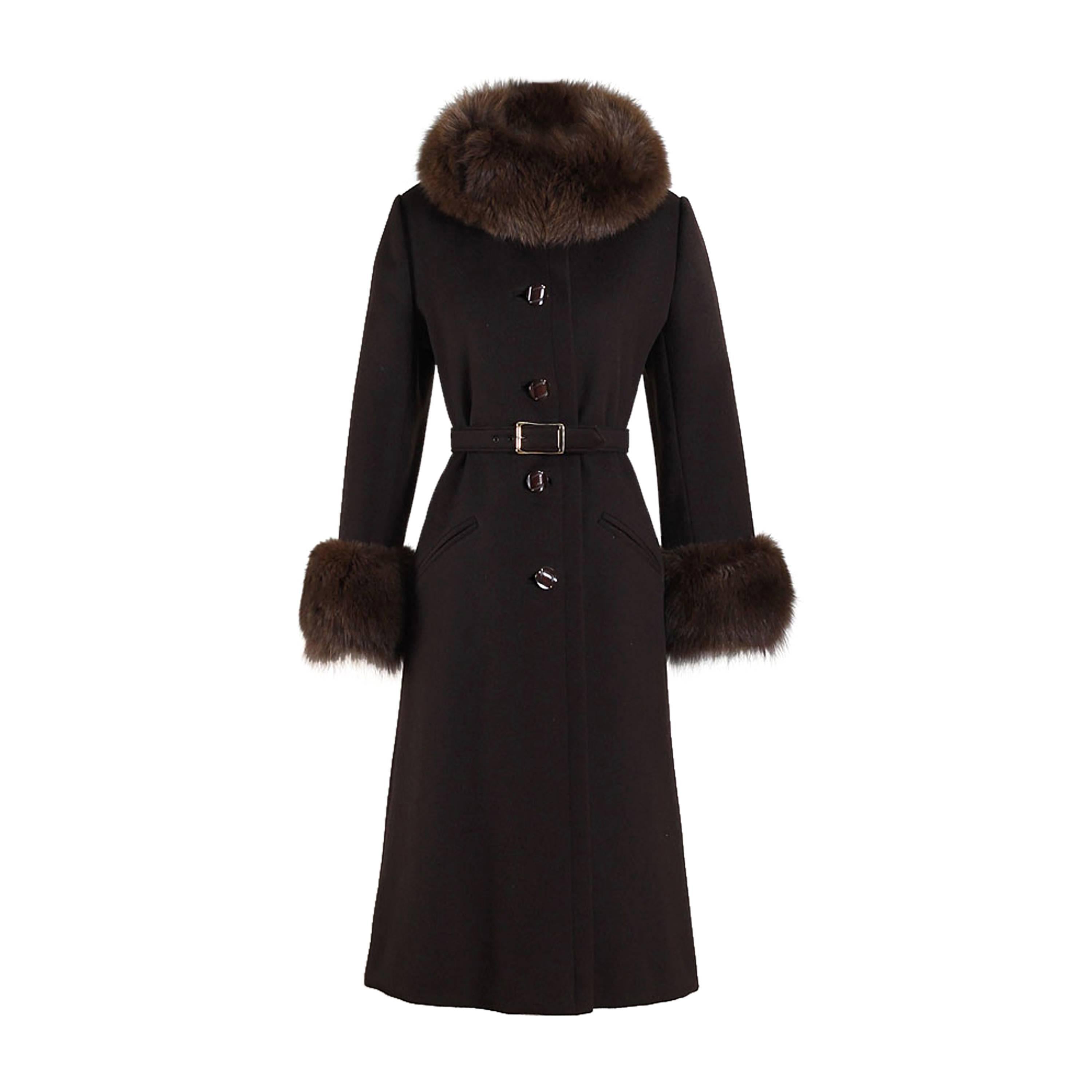 Vintage 1960s Chocolate Brown Wool Fox Fur Coat For Sale