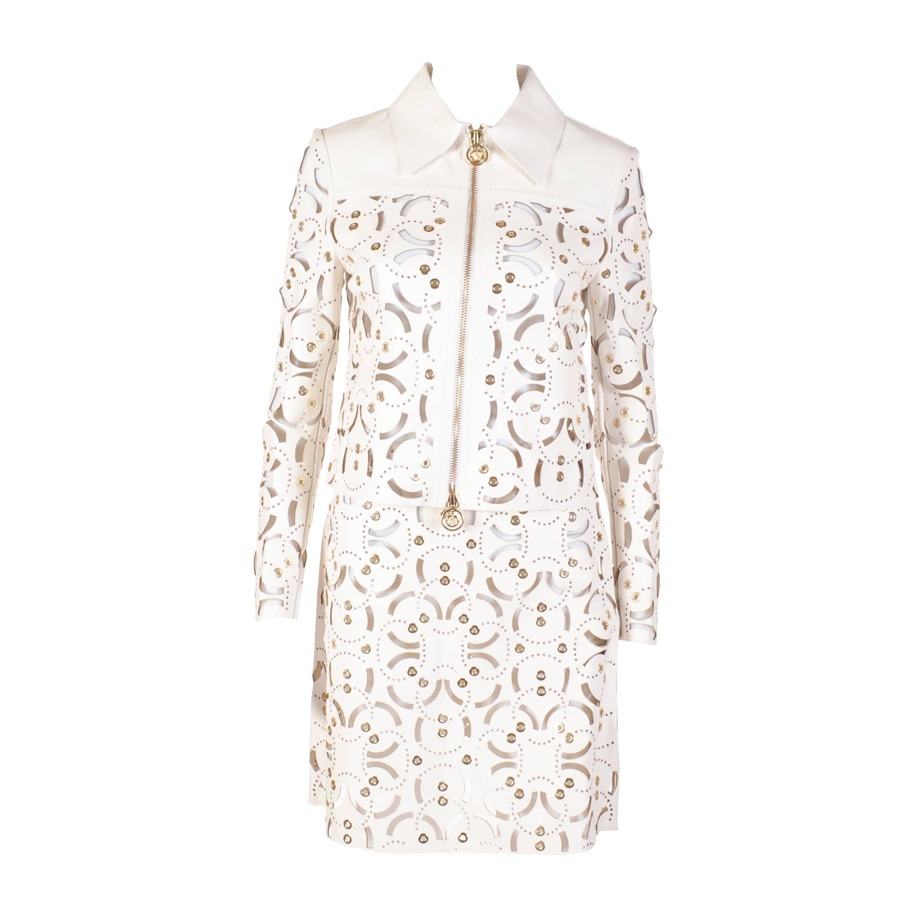 S/S 15 look#25 VERSACE WHITE LASER CUT LEATHER JACKET SKIRT SUIT as seen on Katy