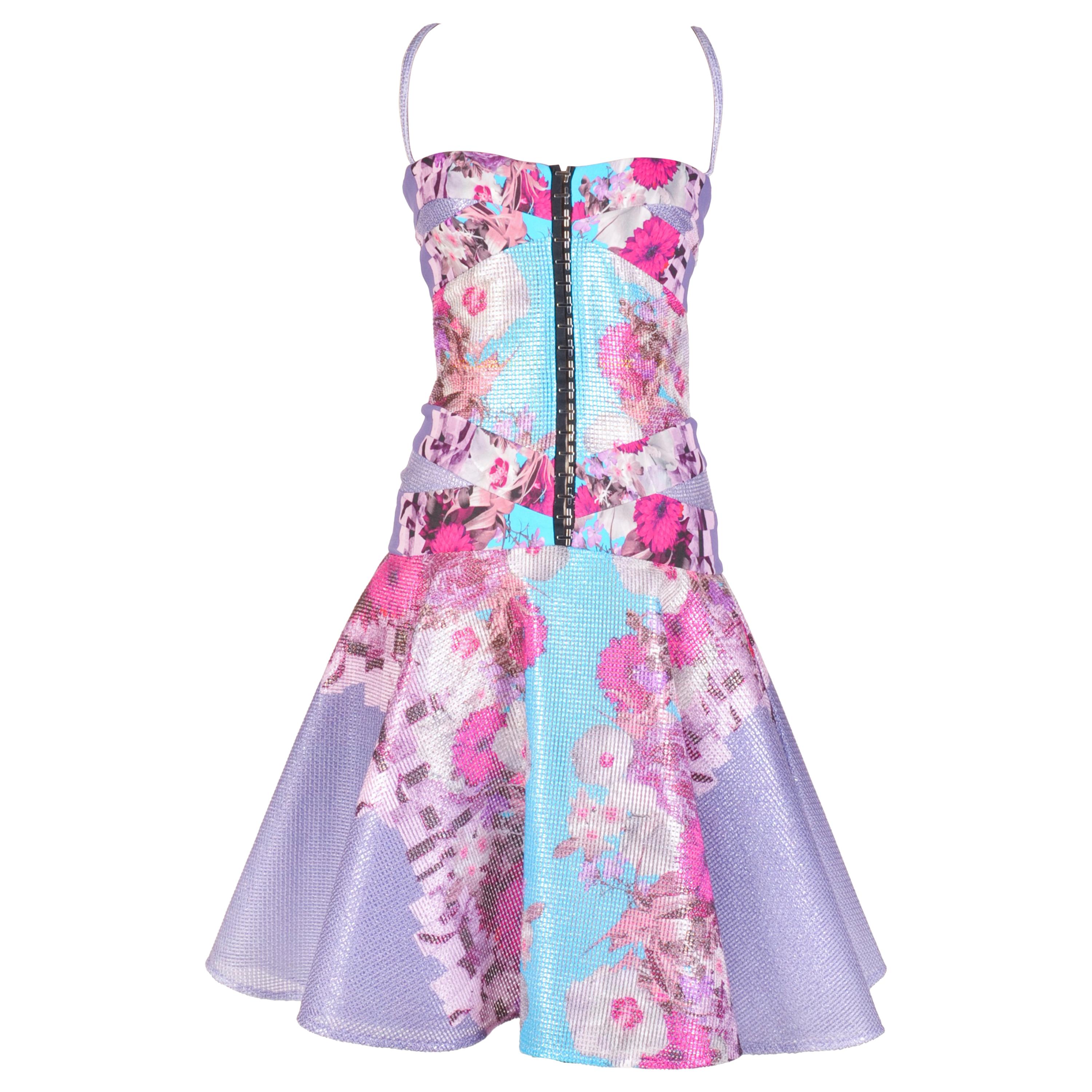 Versace Lilac Floral Raffia Corset Dress with Flounce Skirt