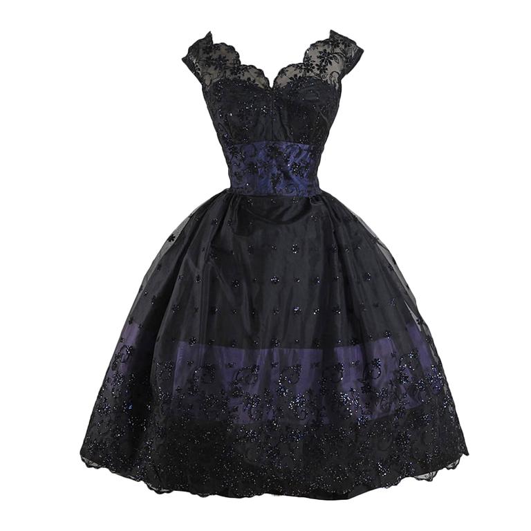 Vintage 1950s Black Glitter Flocked Lace Dress at 1stDibs