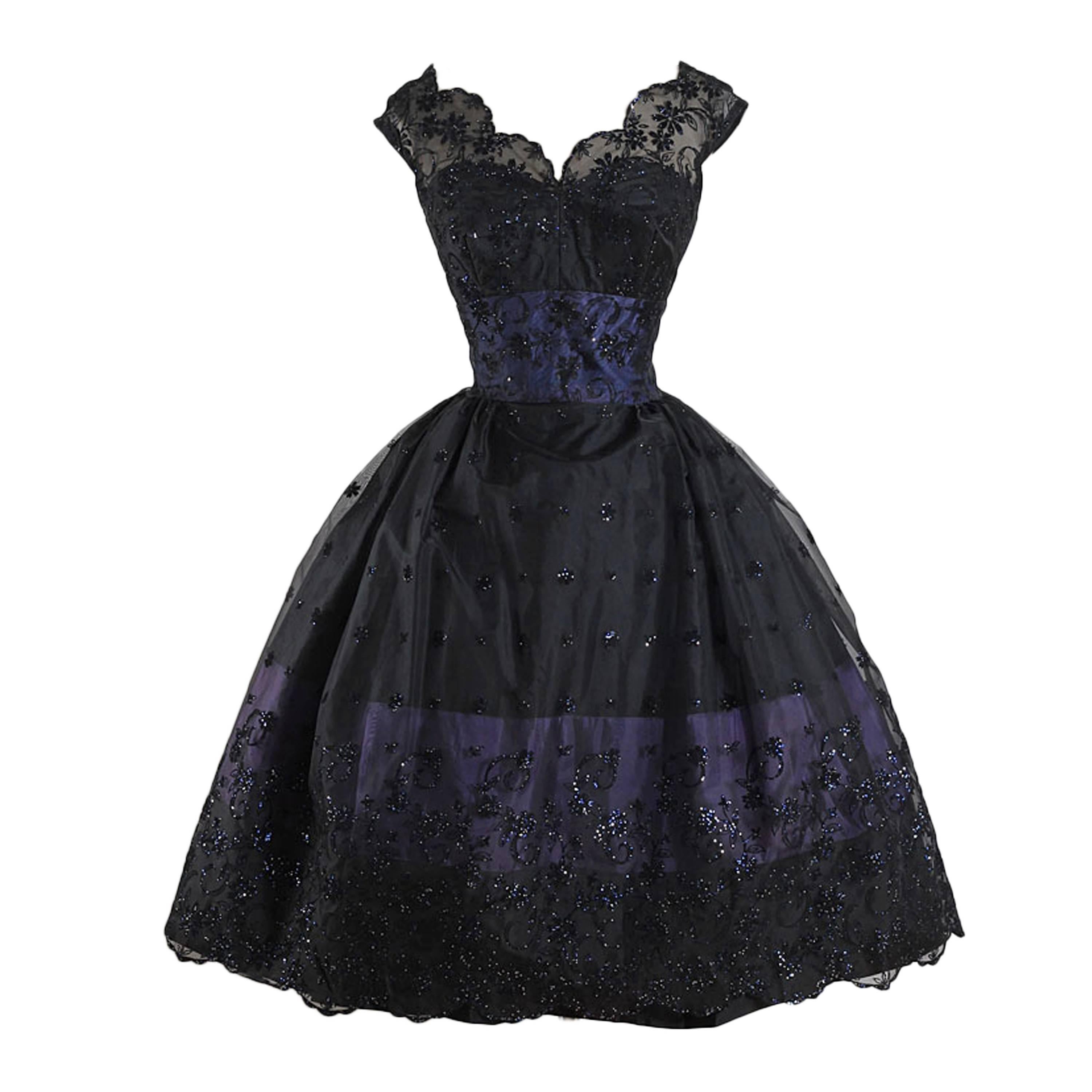 Vintage 1950s Black Glitter Flocked Lace Dress