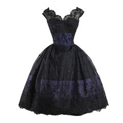 Vintage 1950s Black Glitter Flocked Lace Dress