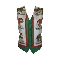 Vintage Hermes 100% Silk "Ecuries" Pattern Horse Print Vest Top w/Pockets