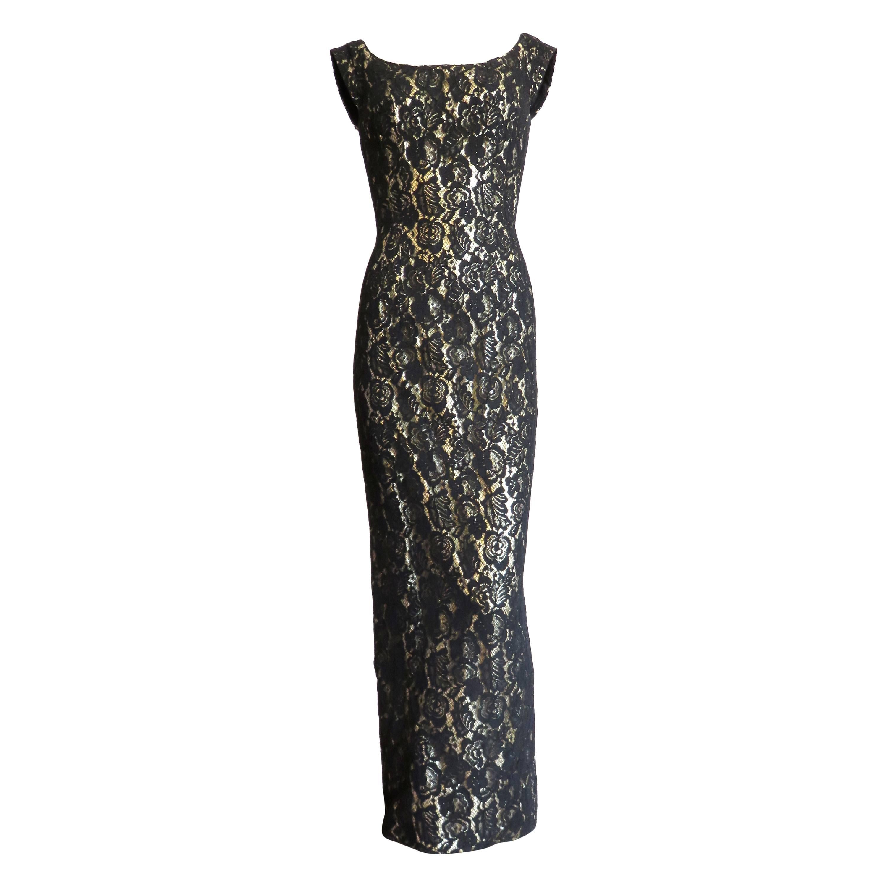 1960's MR. BLACKWELL CUSTOM Gold lame black lace overlay evening dress