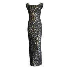 1960's MR. BLACKWELL CUSTOM Gold lame black lace overlay evening dress