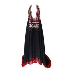 1990s Zang Toi Plunging Neckline Evening Gown with Paillettes and Raffia