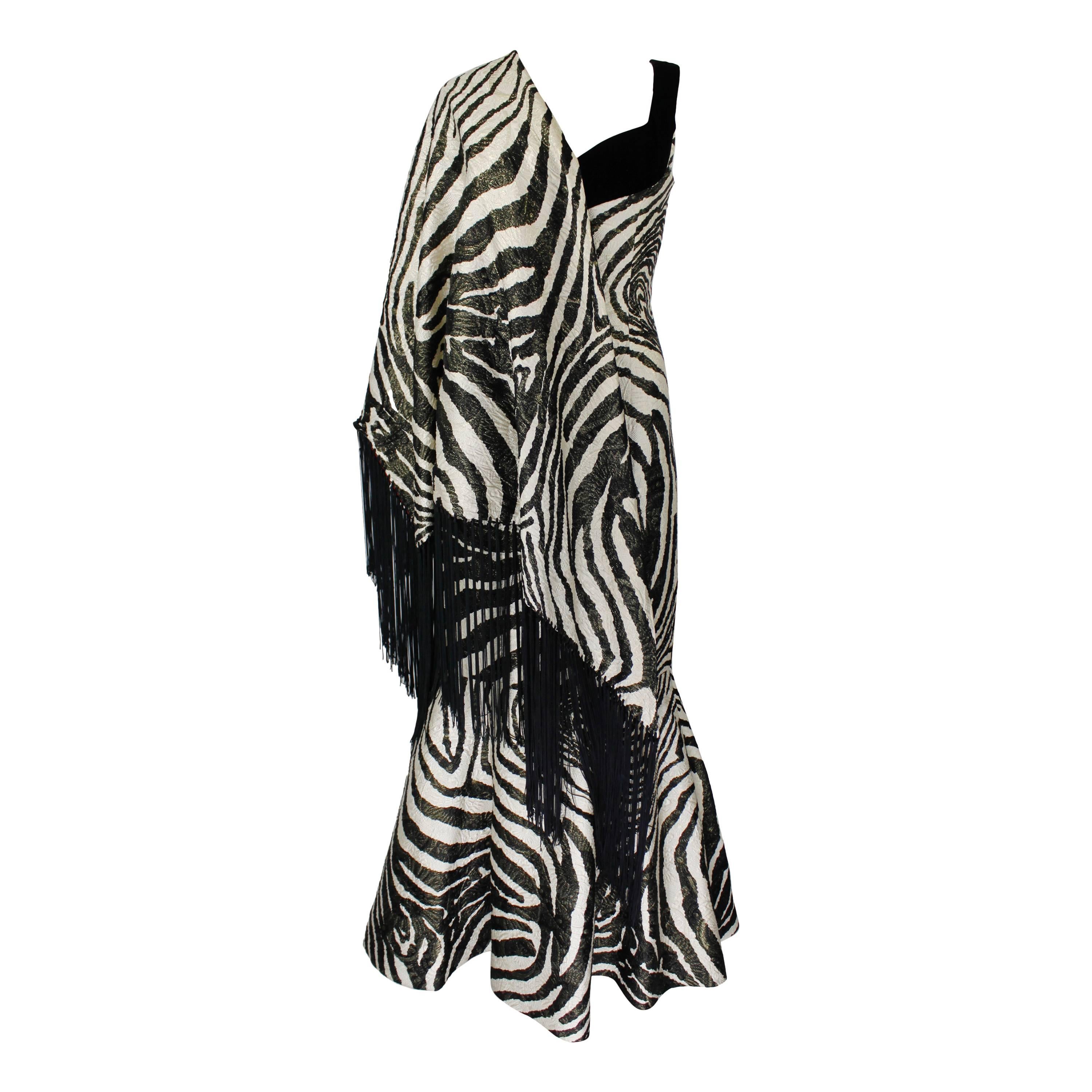 1980s Scaasi Metallic Zebra Fishtail Gown with Fringe Wrap For Sale