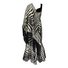 Vintage 1980s Scaasi Metallic Zebra Fishtail Gown with Fringe Wrap