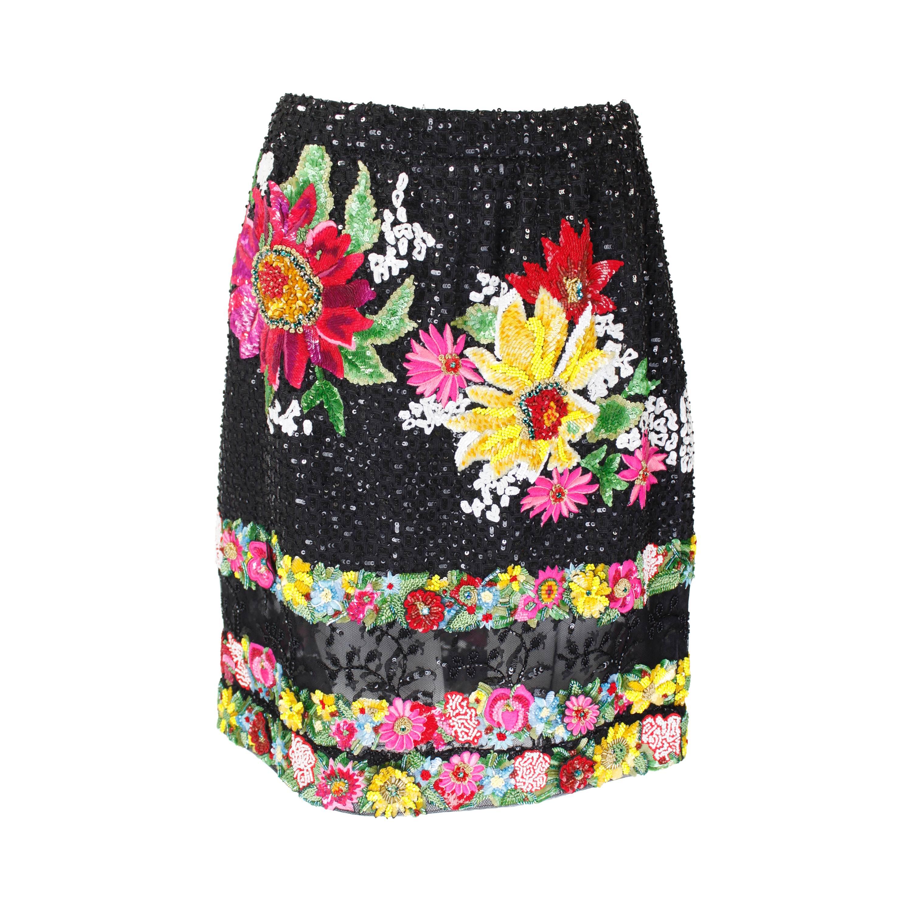 1990s Valentino Floral Embroidered and Bead Embellished Evening Skirt For Sale