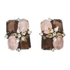 Pair of Iradj Moini Rose/Smoky Quartz/Rhinestone Clip On Earrings