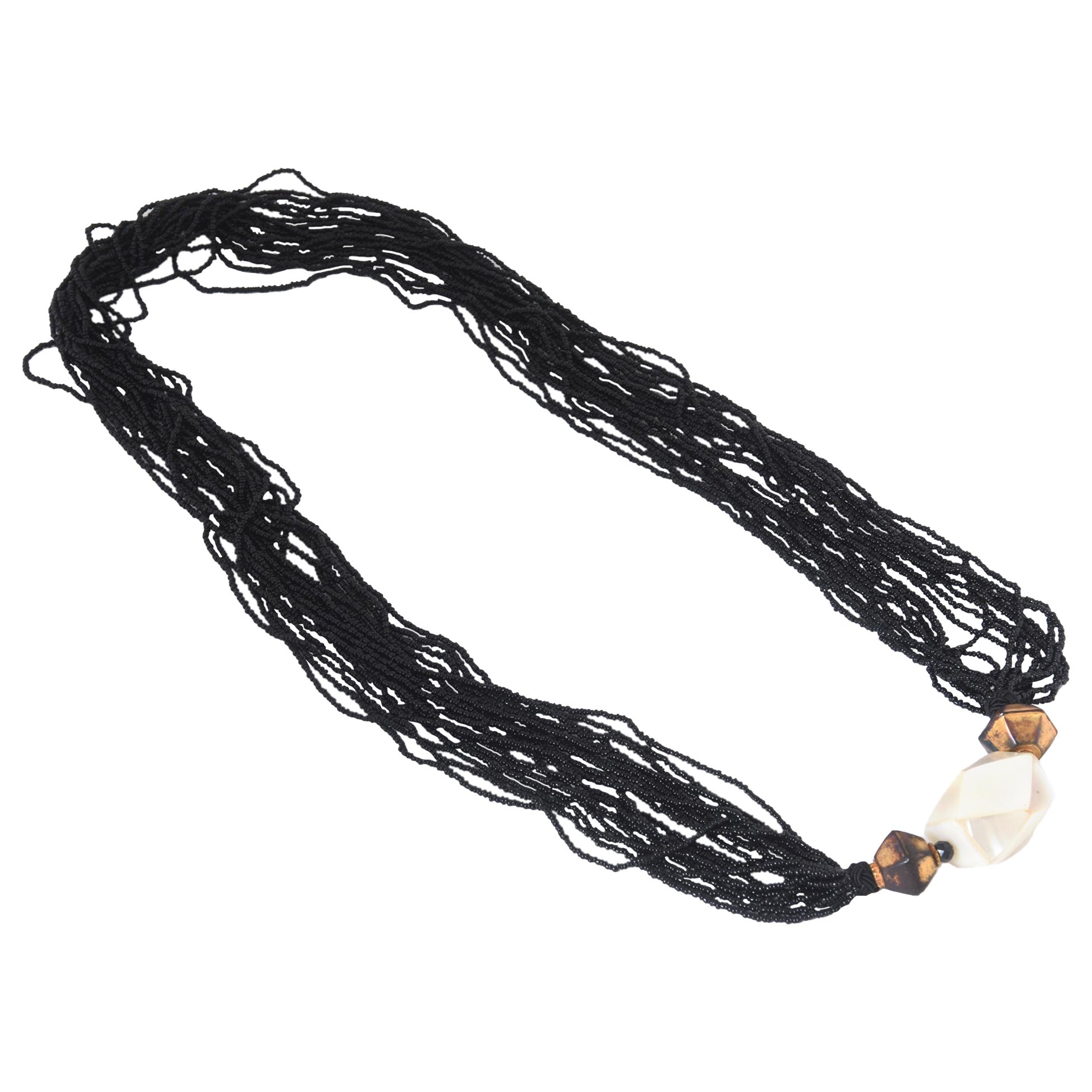 Long Multi-Strand Black Bead Mother of Pearl Necklace For Sale