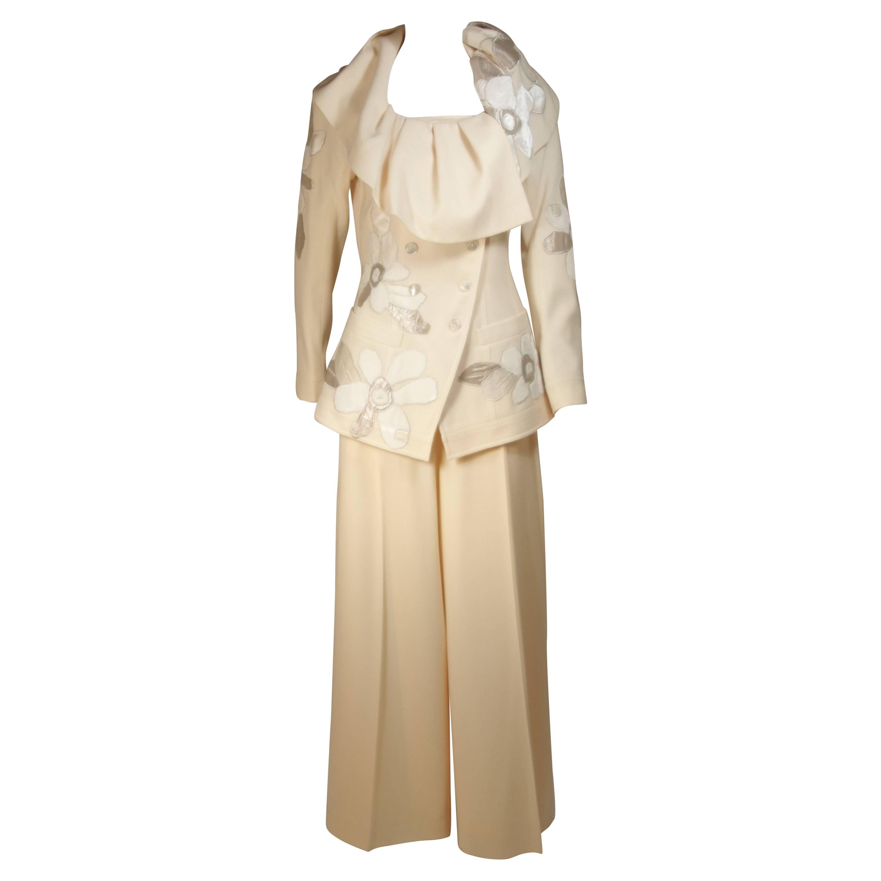 JOHN GALLIANO Ivory Silk Pant Suit with Metallic Applique Size 44 42