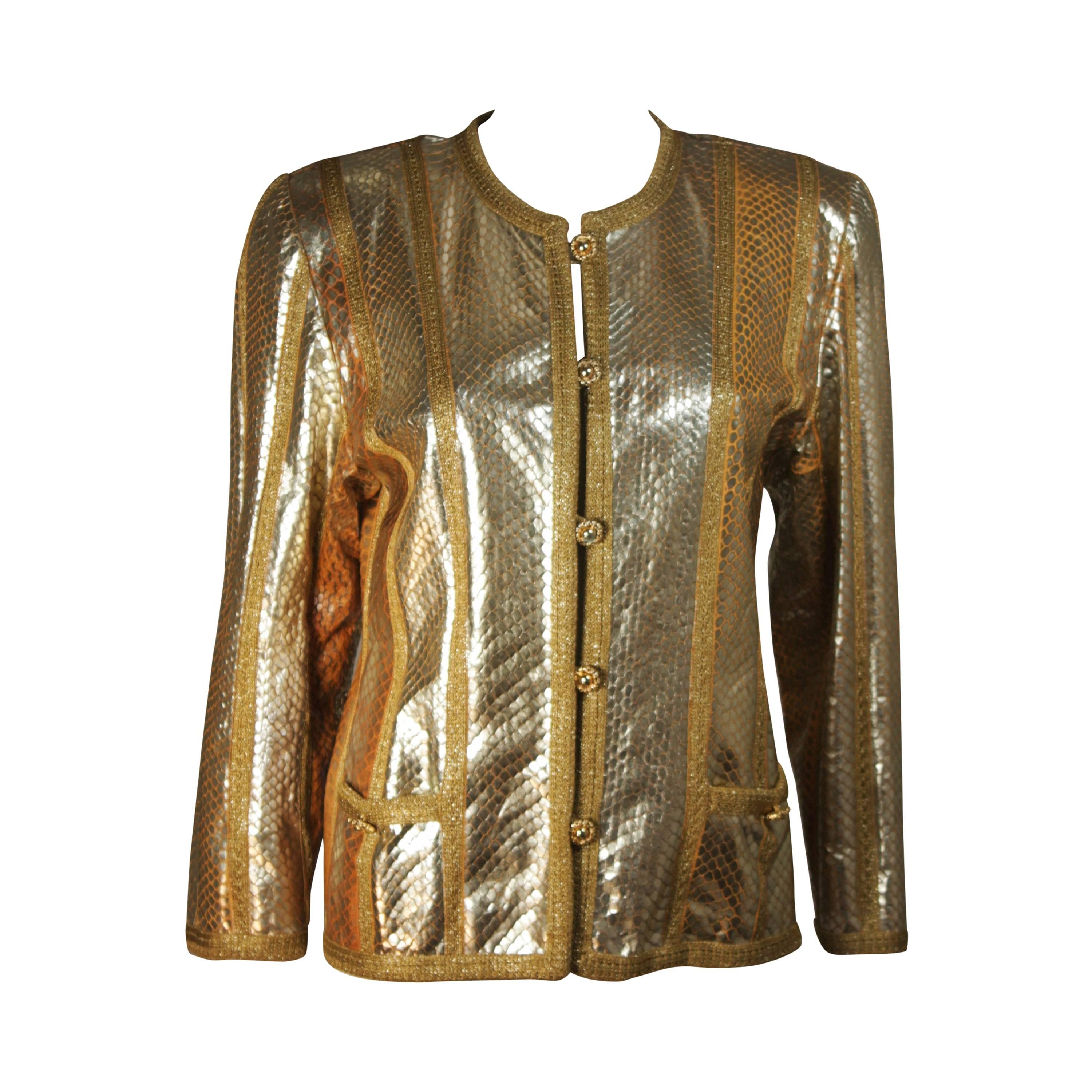AMEN WARDY Gold Metallic Foiled Snakeskin Jacket with Knit Detailing Size M L