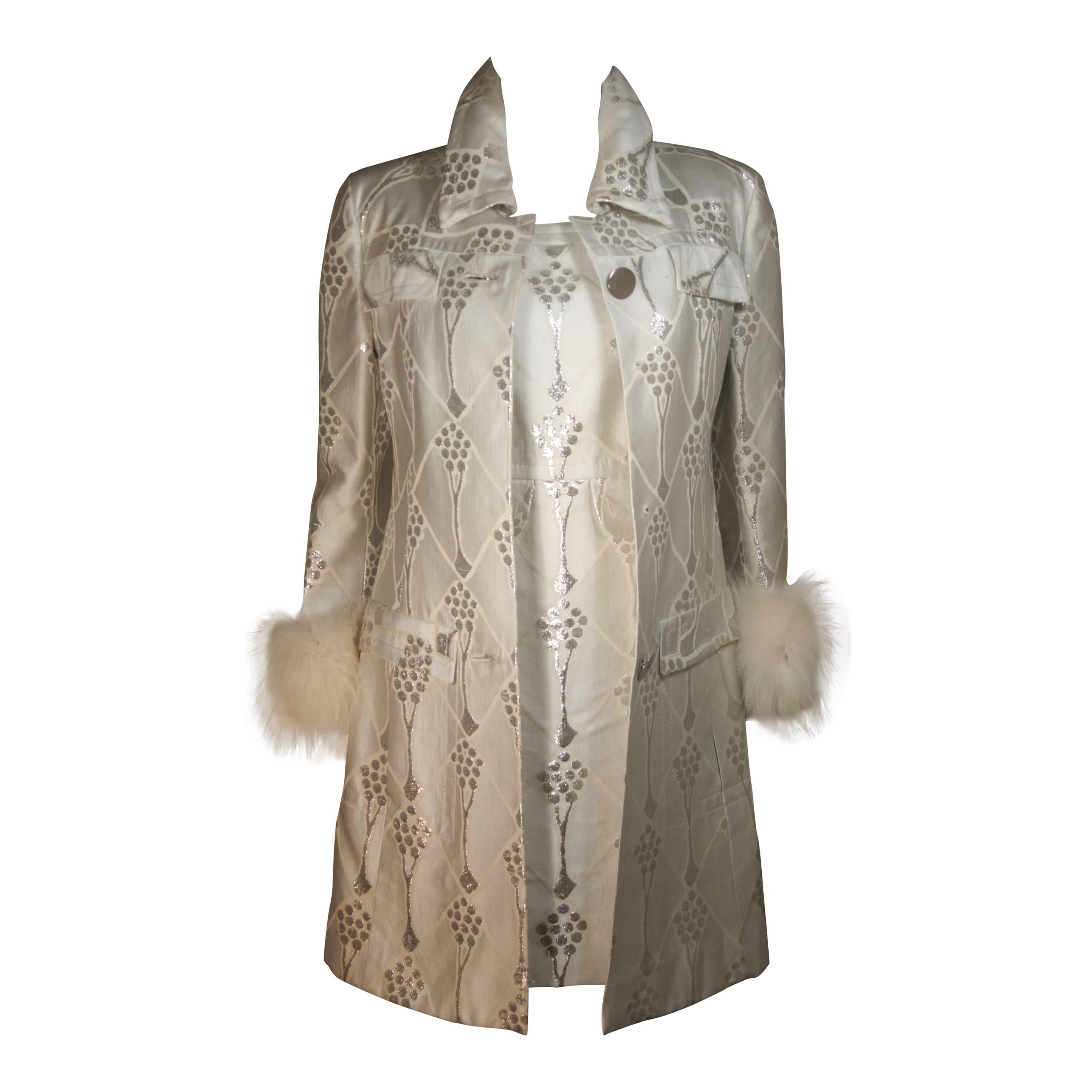 FONTANA ROMA White and Silver Metallic Twill Dress Coat Set with Fox Trim Small