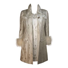 Vintage FONTANA ROMA White and Silver Metallic Twill Dress Coat Set with Fox Trim Small