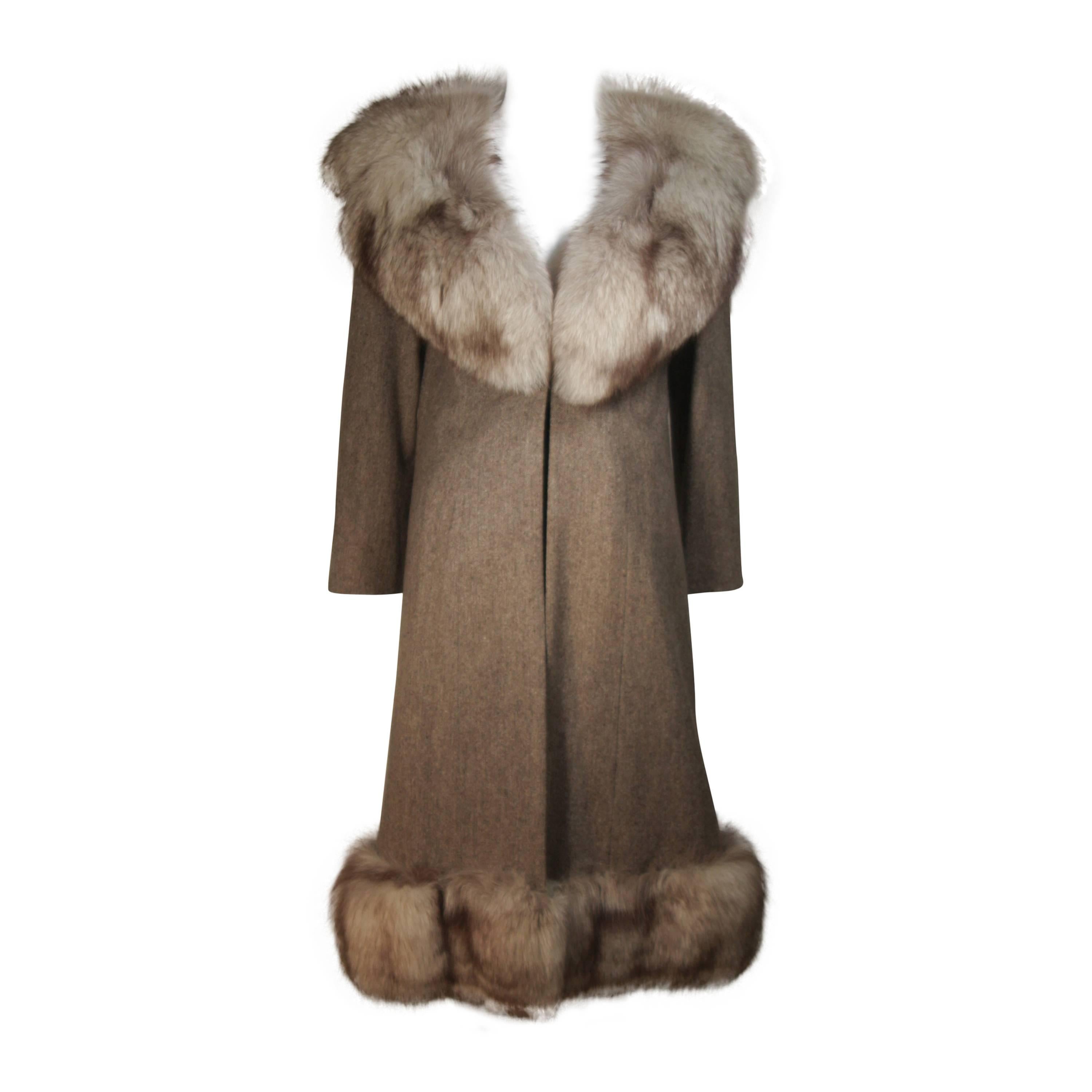 NOLAN MILLER Brown Wool Coat and Skirt Ensemble with Fox Fur Trim Size 4 6