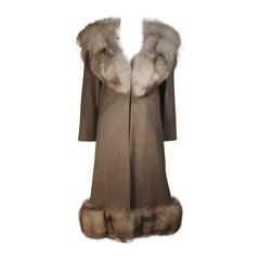 NOLAN MILLER Brown Wool Coat and Skirt Ensemble with Fox Fur Trim Size 4 6 4