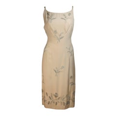 MARTIER RAYMOND Ivory Silk Dress with Silver Metallic Floral Applique Size M