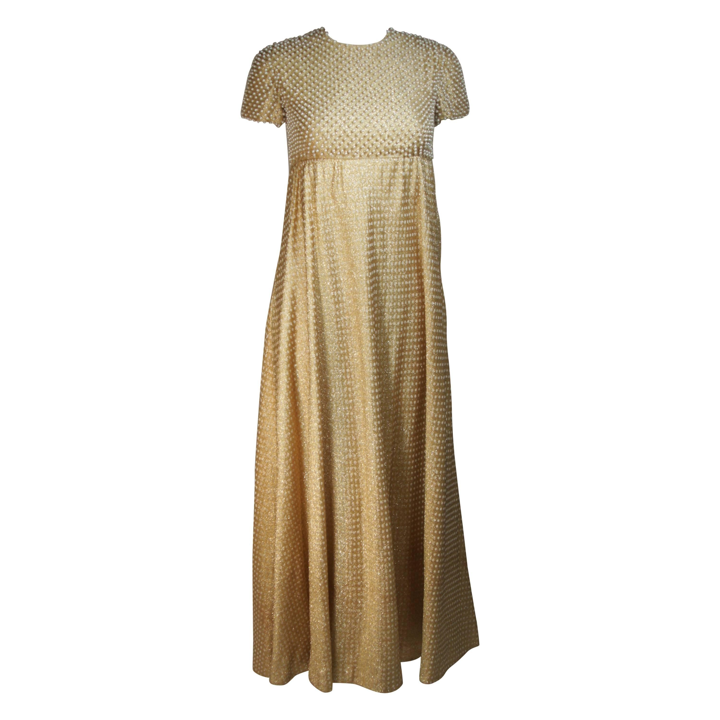 GEOFFREY BEENE 1960's Gold Lame Pearl Bodice Baby Doll Gown Size 2-4 For Sale