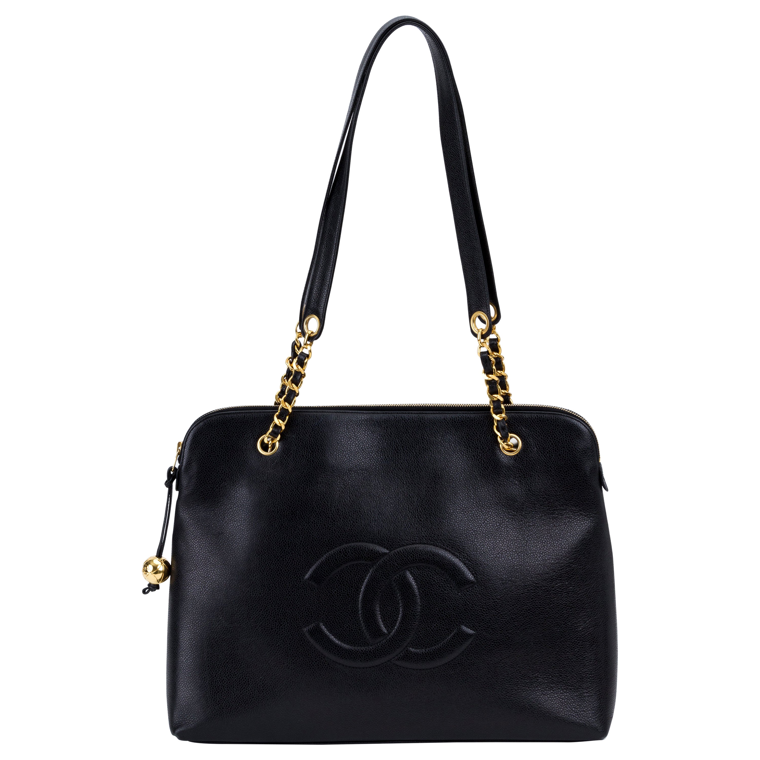 Chanel Black Leather Gold Charms Sling Back Carryall Duffle Shoulder