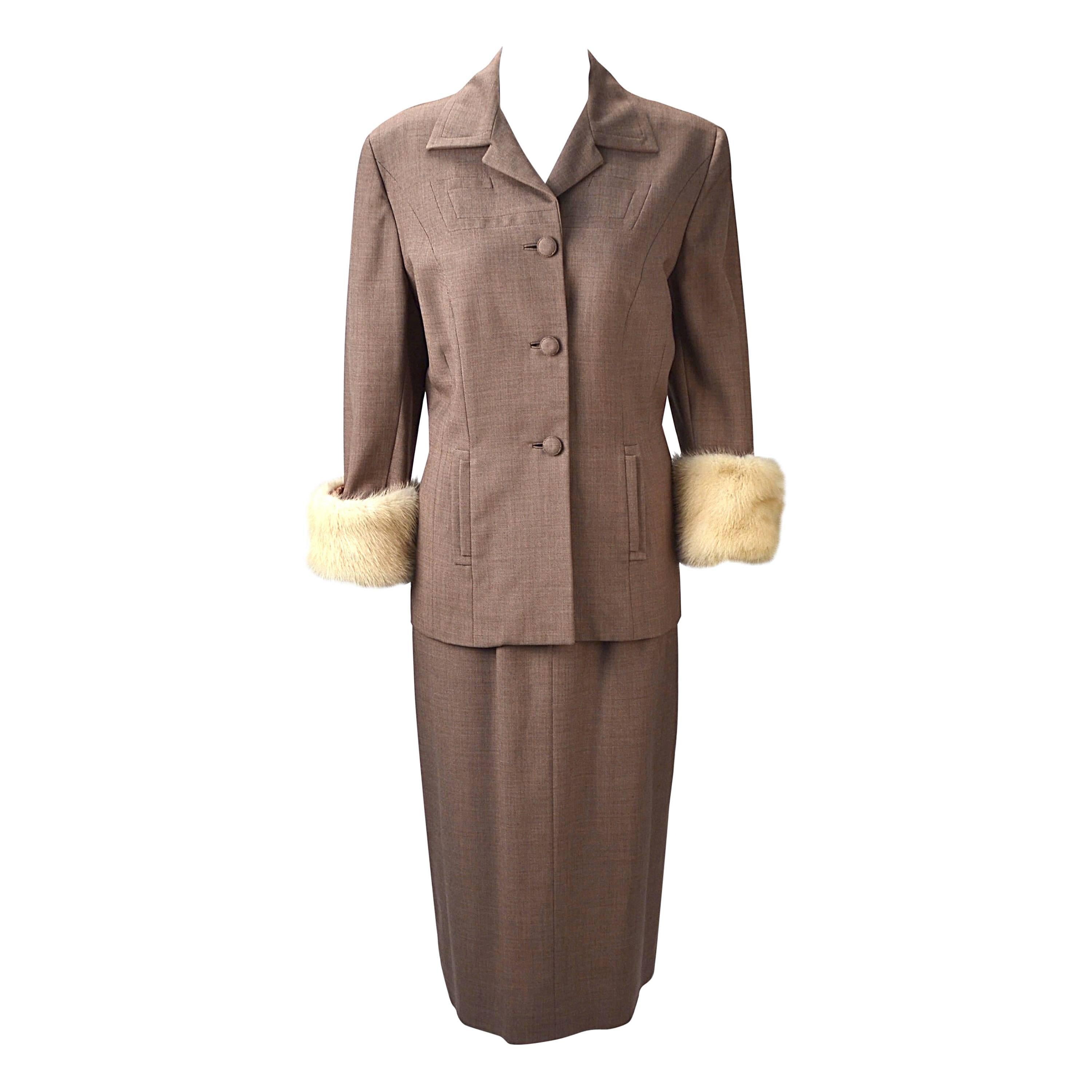 1950s Neiman Marcus Gabardine Tailored Skirt Suit with White Mink For Sale
