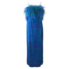1960s Blue and Green Sheer Formal Dress with Ostrich Feathers