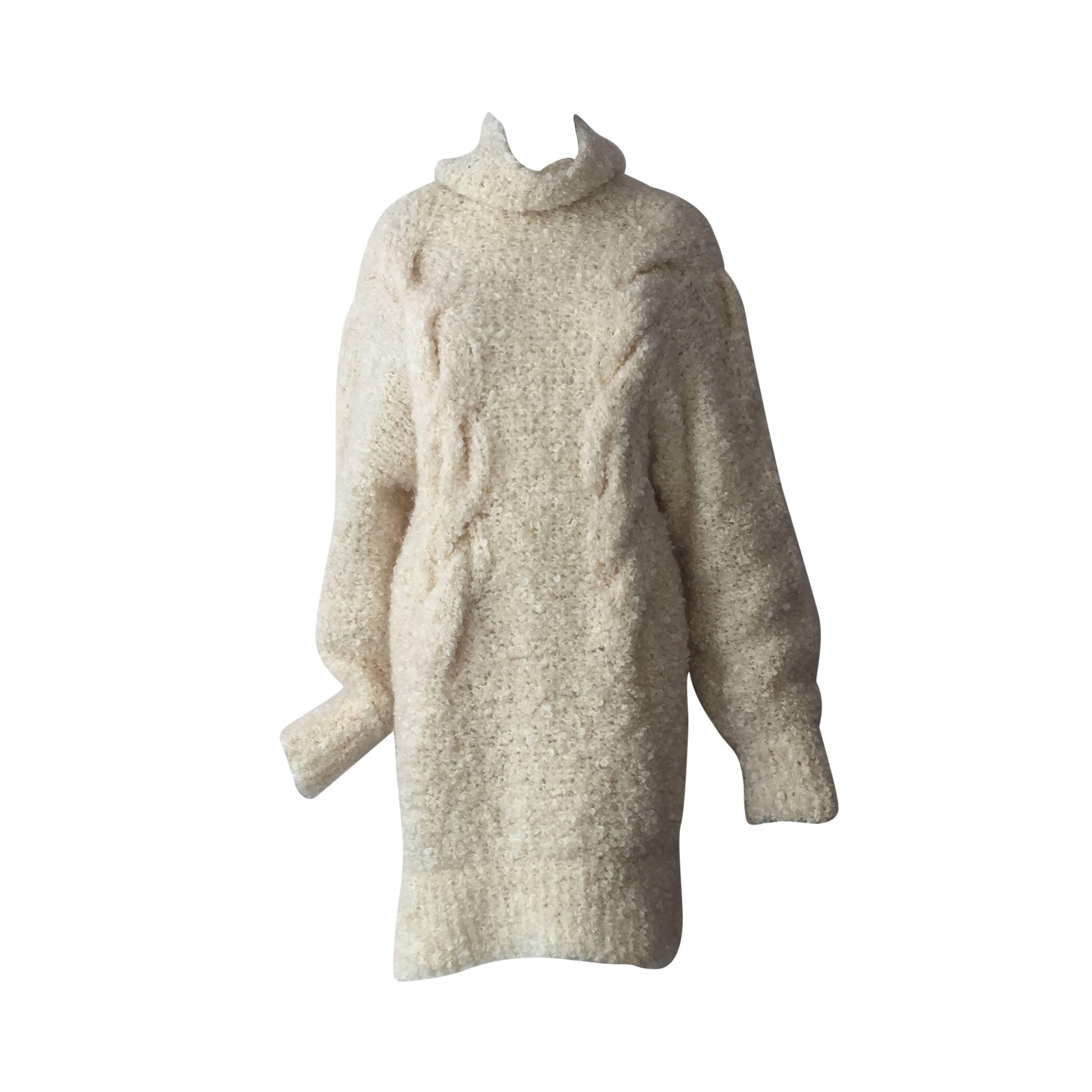 1990s Audrey Daniels Boucle Cable Knit Sweater Dress in Ivory Wool