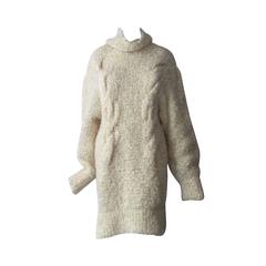 Vintage 1990s Audrey Daniels Boucle Cable Knit Sweater Dress in Ivory Wool