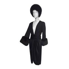 1980s Bill Blass Silk Charmeuse Plunging Wrap Dress w/ Fox Fur Cuffs and Hat