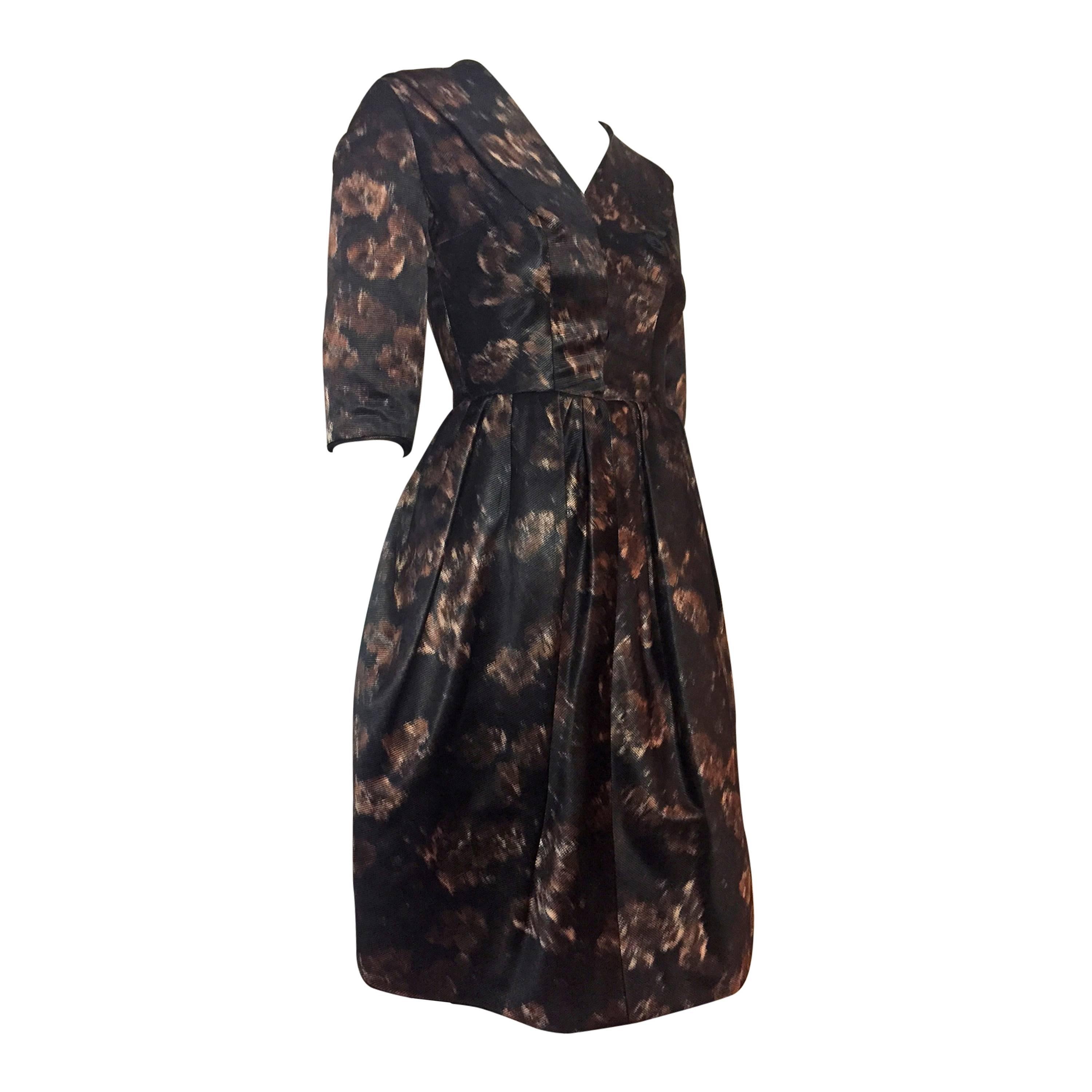 1950s Brown Black and Taupe Silk Floral Party Dress w/ Overskirt