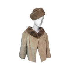 1950s Sheared Beaver Fur Jacket with Mink Collar and Hat