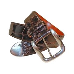 Ralph Lauren Brown Alligator Belt with Sterling Silver Buckle & Escutcheons 