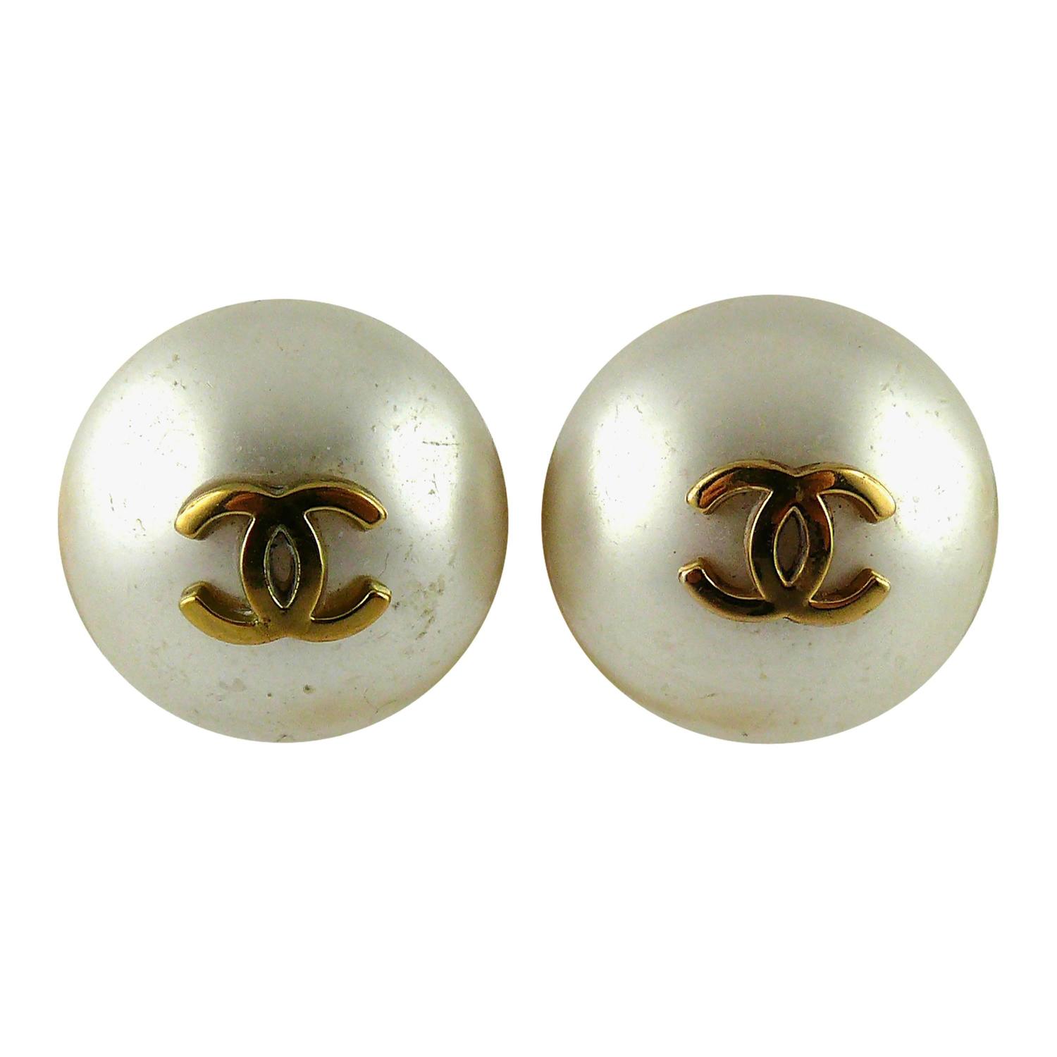 Chanel Vintage Classic Jumbo Pearl and CC Logo ClipOn Earrings For