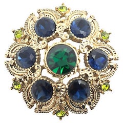 Large Gothic Style Blue and Green Rhinestone Gold Tone Brooch