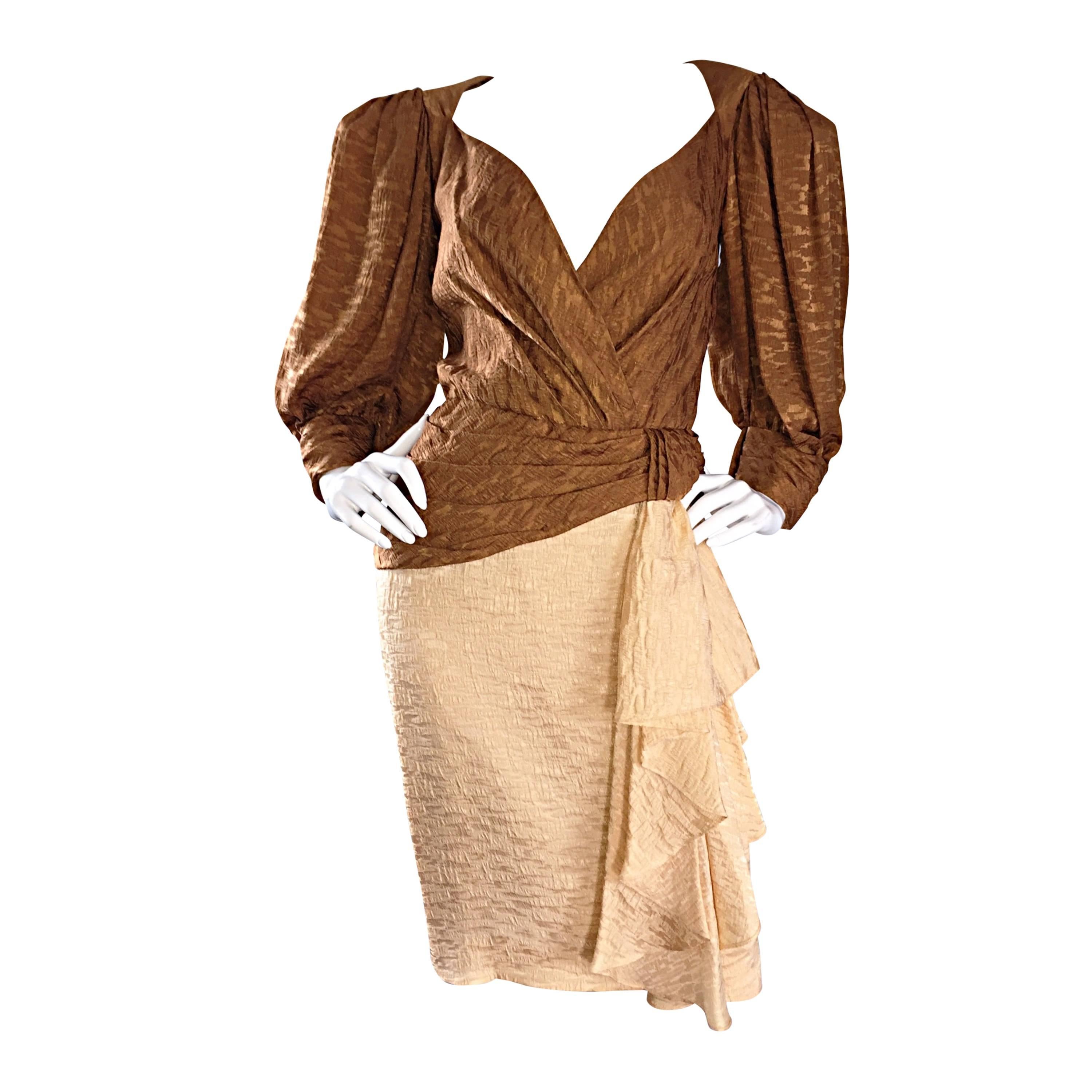 Vintage Paul - Louis Orrier Demi Couture Copper + Ivory Silk Plunge Ruffle Dress