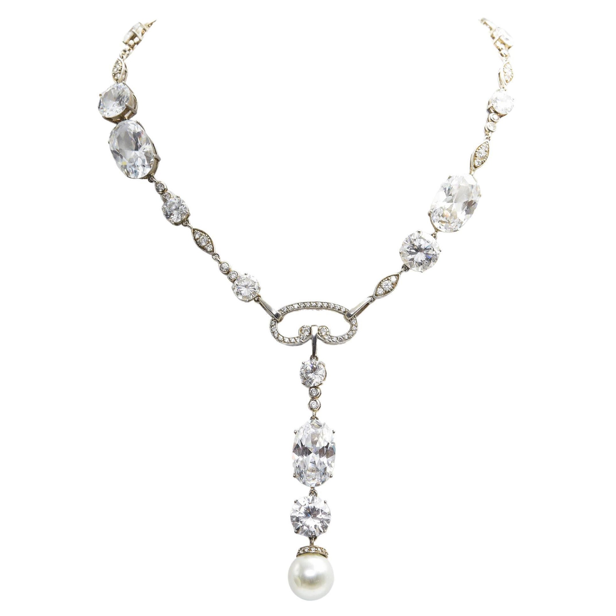 Red Carpet Gala Style CZ Crystal Pearl Sterling Drop Décolletage Necklace 
