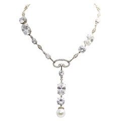 Red Carpet Gala Style CZ Crystal Pearl Sterling Drop Décolletage Necklace 