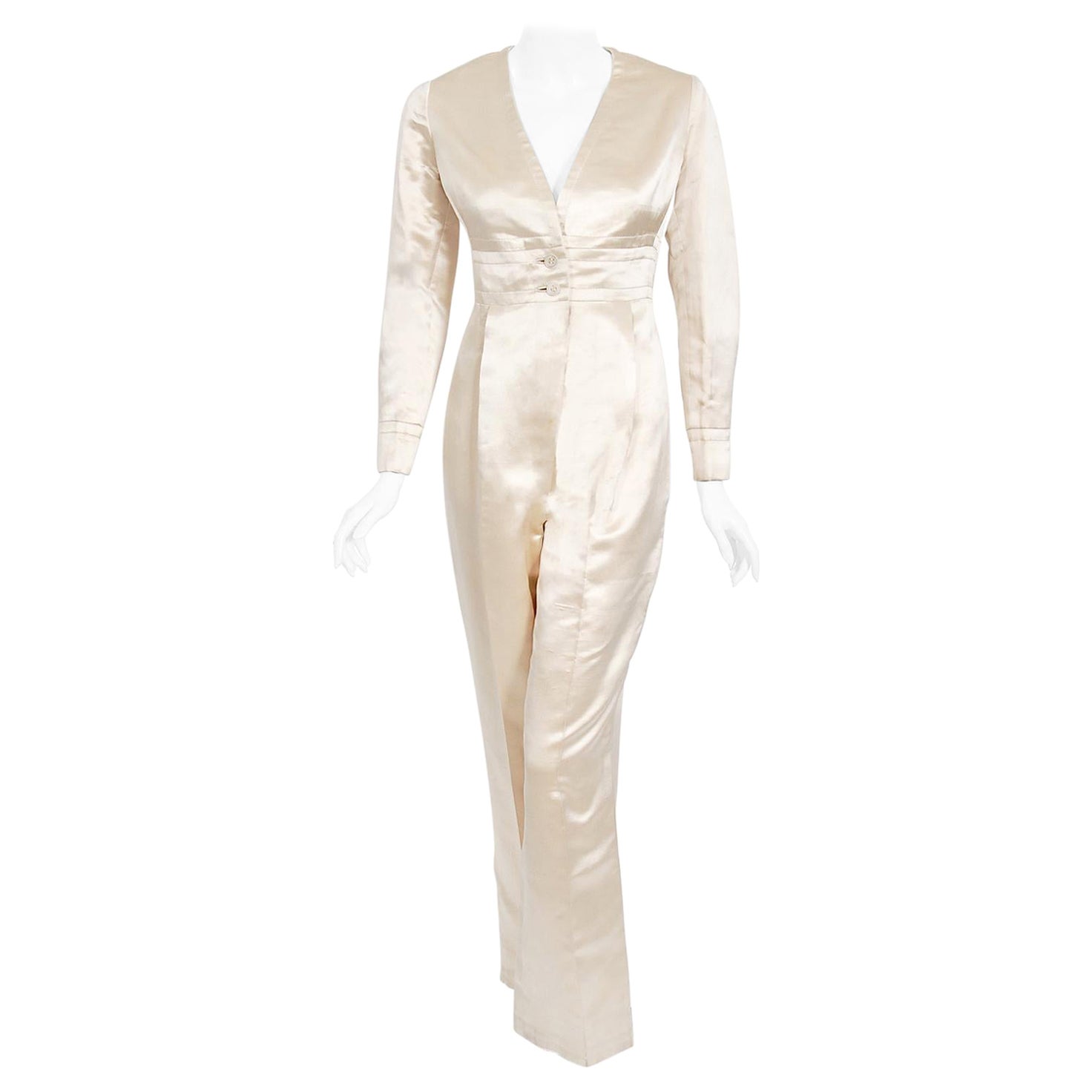Vintage 1960's Galanos Couture Ivory Silk Satin Low-Plunge Long Sleeve Jumpsuit  For Sale